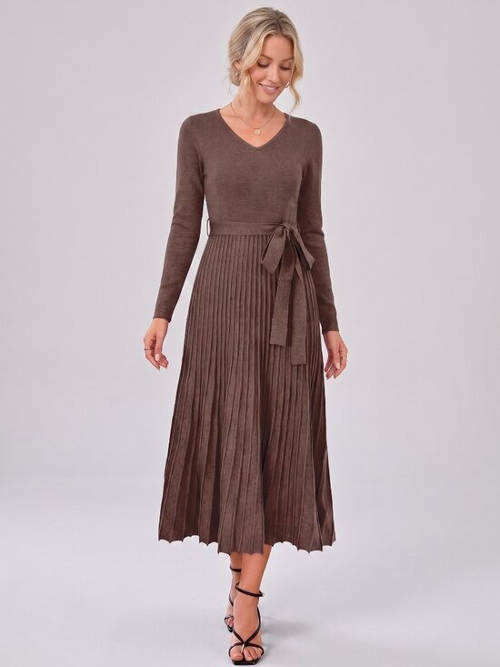 Dresses & Skirts - Women's Brown Wool Blend Sweater Dress Tie Waist Pleated Midi Fall Dress